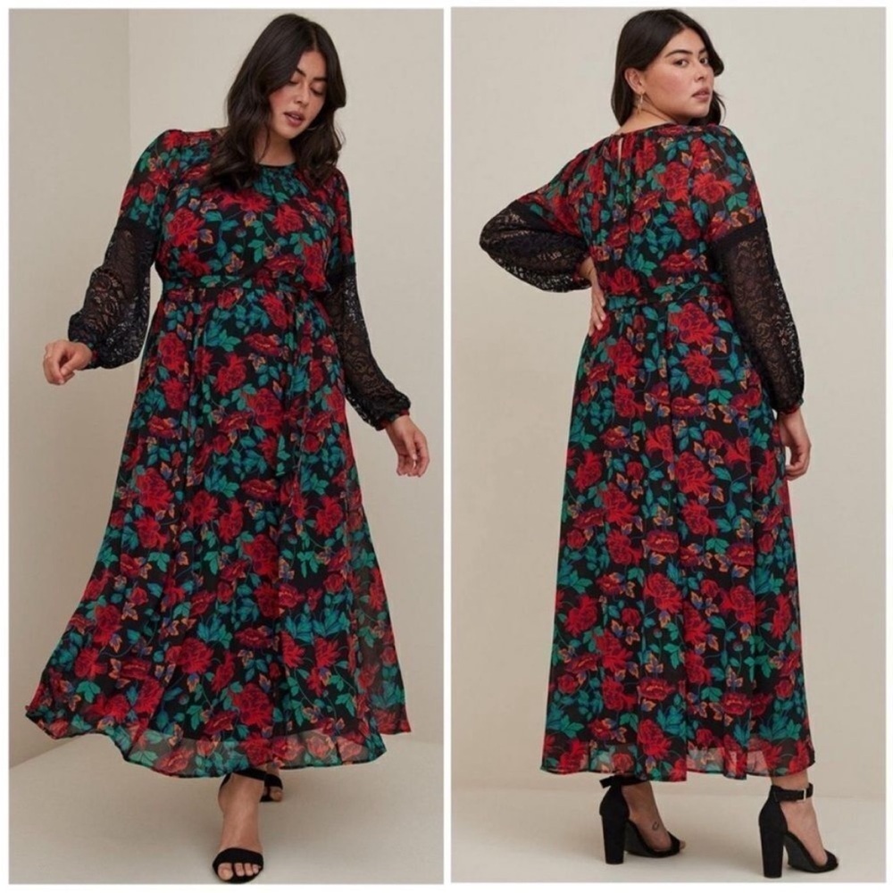 Torrid 2X Floral Maxi Dress with Lace Sleeves.